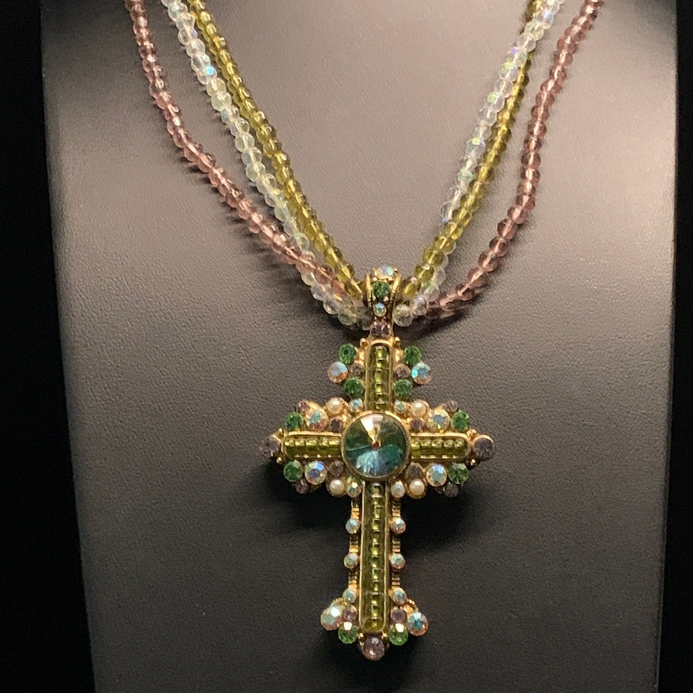 Colorful Glass Rhinestone Cross Pendant Multi Strand Necklace